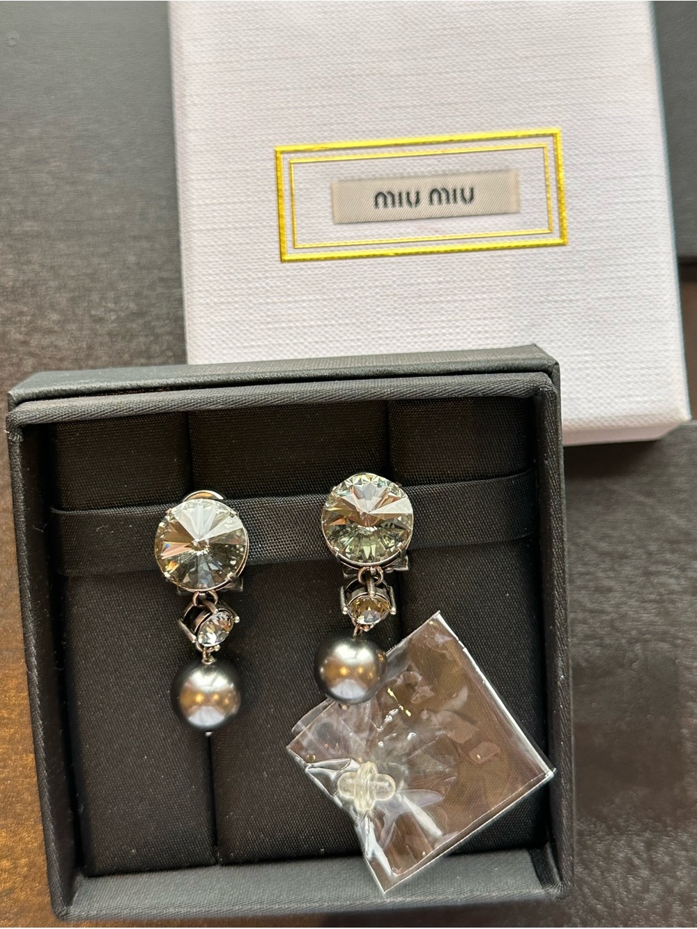 Miu Miu Dangle Drop Clip Earrings Gray Crystal w Faux Pearl